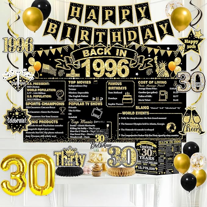 30th Birthday Decorations for Him, Black Gold Back in 1996 Party Decor Kit, Happy 30th Birthday Party Supplies with Sash, Banner, Backdrop, Balloons, Cake Topper, Honeycomb Centerpieces