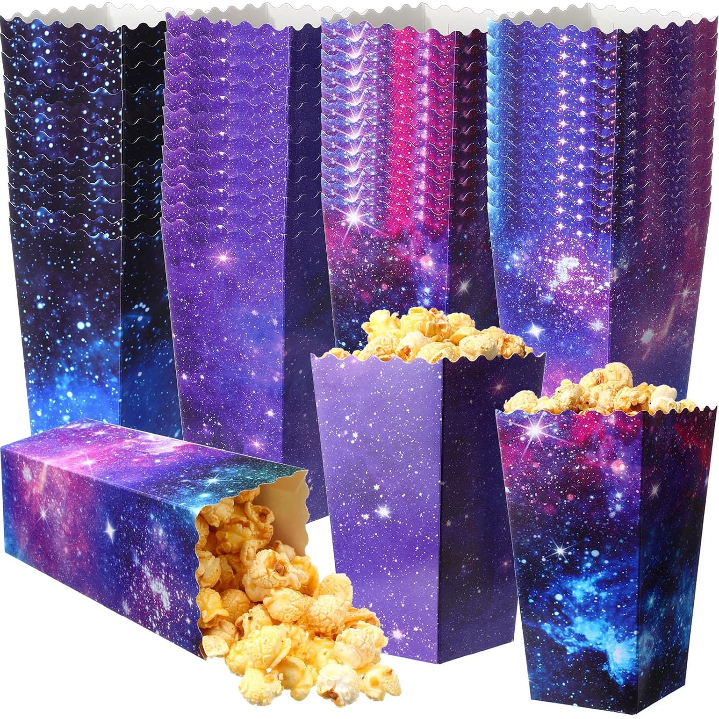 Honoson 48 Pcs Galaxy Popcorn Boxes 6 x 2.4 Inches Outer Space Popcorn Bucket Disposable Paper Food Trays Candy Goodies Treat Container for Birthday Movie Night Baby Shower Party Favor Supplies