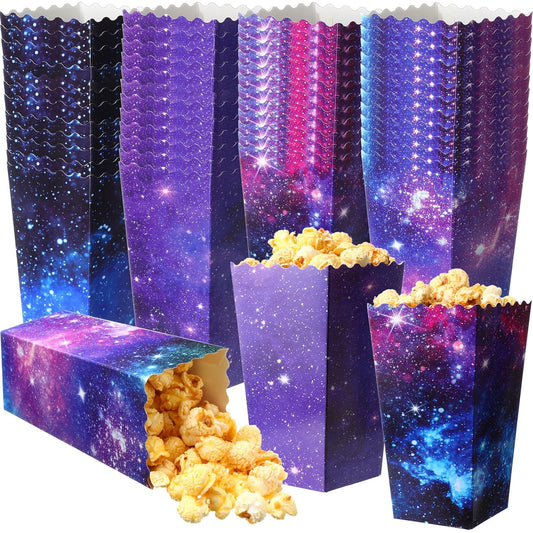 Honoson 48 Pcs Galaxy Popcorn Boxes 6 x 2.4 Inches Outer Space Popcorn Bucket Disposable Paper Food Trays Candy Goodies Treat Container for Birthday Movie Night Baby Shower Party Favor Supplies