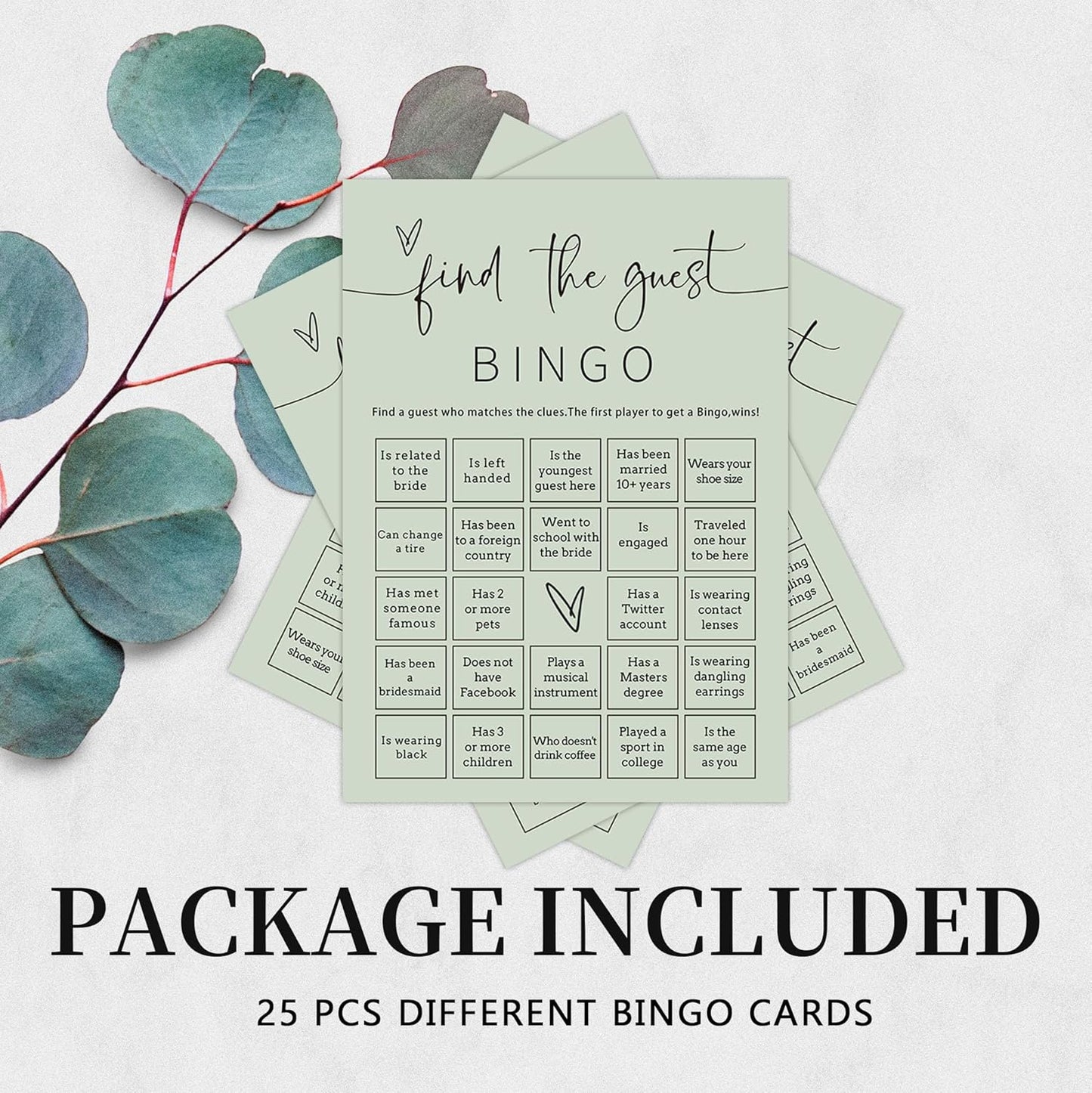 Bridal Shower Games, Find the Guest Bingo, 25Pcs Minimalist Sage Green Bridal Game Cards, Wedding Shower Games for Guests, Engagement Bachelorette Party Supplies