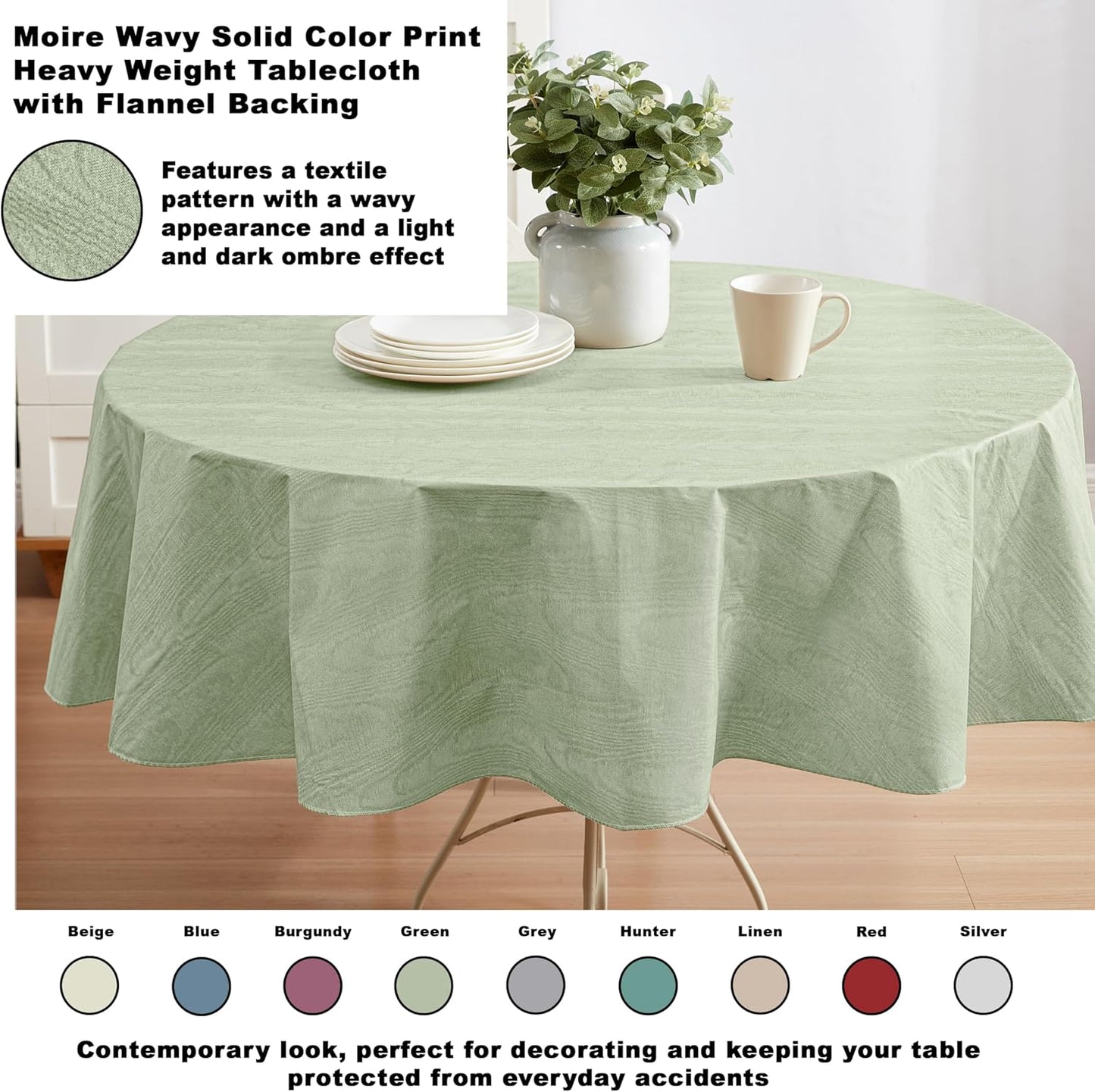 Newbridge Vinyl Flannel Backed Tablecloth, 70 inch Round, Sage Green Moire Wavy Solid Design, Heavyweight Indoor Outdoor Waterproof Table Cover, Easy Care Wipe Clean