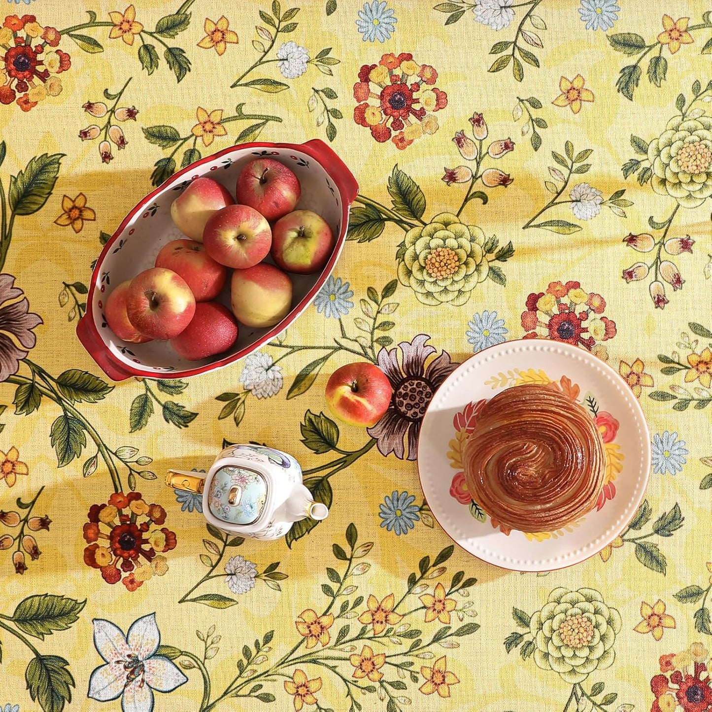 Vintage Linen Tablecloth for Rectangle Table,Yellow Floral French Wrinkle Free Tablecloths,Decorative Table Cover for Kitchen,Dining,Thanksgiving,Christmas,Party,63"*87"-Bellano