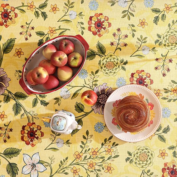 Vintage Linen Tablecloth for Rectangle Table,Yellow Floral French Wrinkle Free Long Tablecloths,Decorative Table Cover for Kitchen,Dining,Thanksgiving,Farmhouse,63" × 102"-Bellano