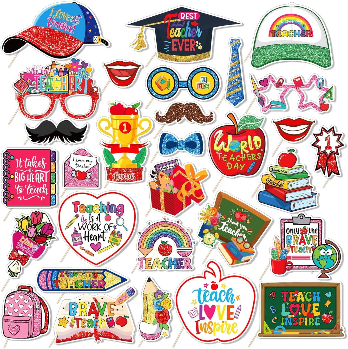 25 Pcs Teacher's Day Photo Booth Props, Thank You Teacher Theme Decoration Props, Teacher's Day Classroom Party Supplies