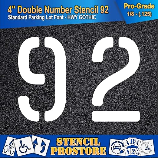 Pavement, Curb, and WheelStop Stencils - 4 inch Double Number Stencil - (92) - 4" x 5.5" x 1/8" (128 mil) - Pro-Grade
