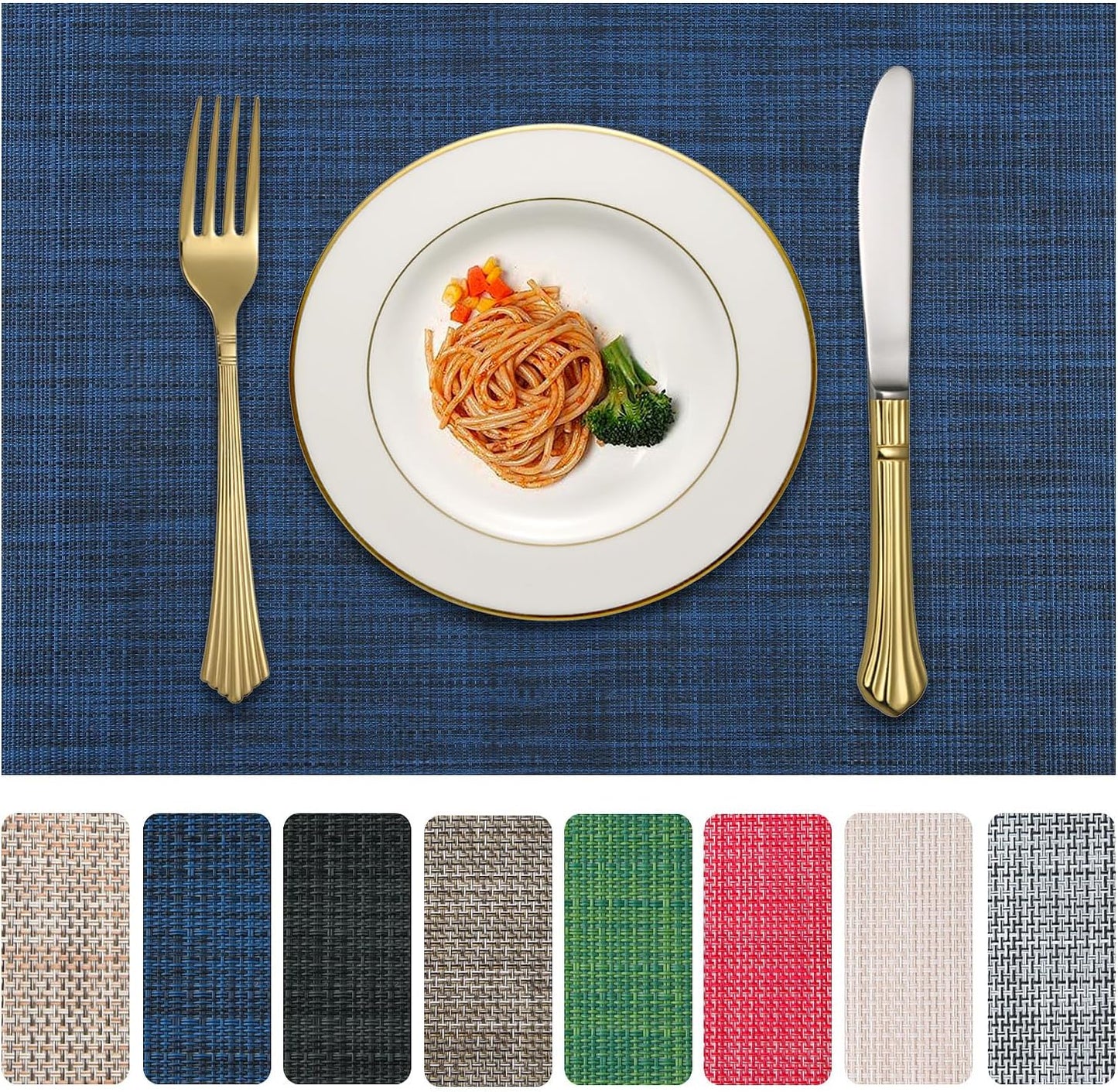 Vinyl Placemats Set of 8, PVC Woven Washable Non-Slip Table Mats, Heat Resistant Wrinkle Free Place Mats for Dining Table, Easy to Clean (8, Navy Blue)
