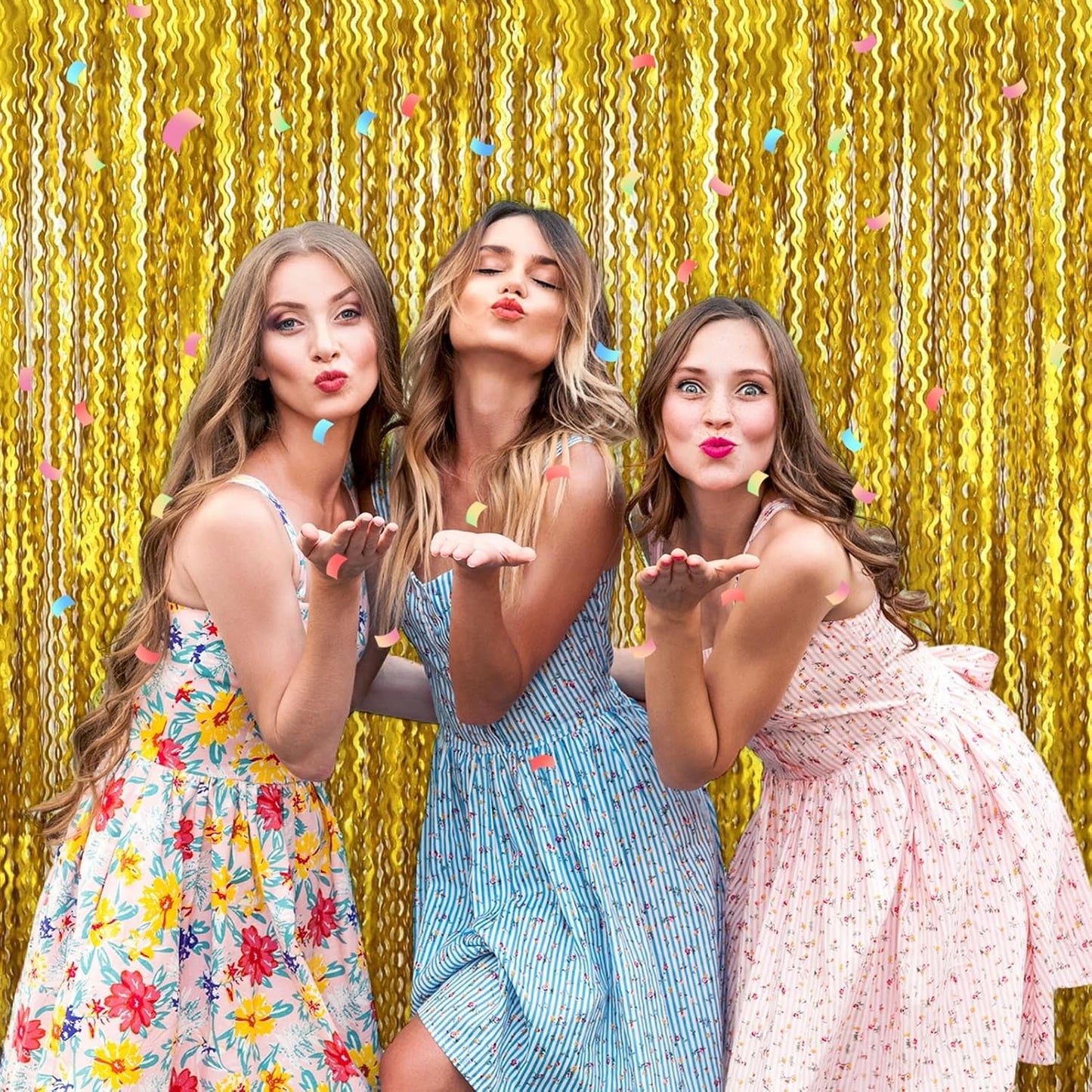 4 Pack Gold Fringe Curtain Backdrop 3.2Ft x 8.2Ft Metallic Tinsel Foil Fringe Streamers Background for Photo Booth Mother's Day, Easter, Carnival, Birthday, Wedding Party Decoration