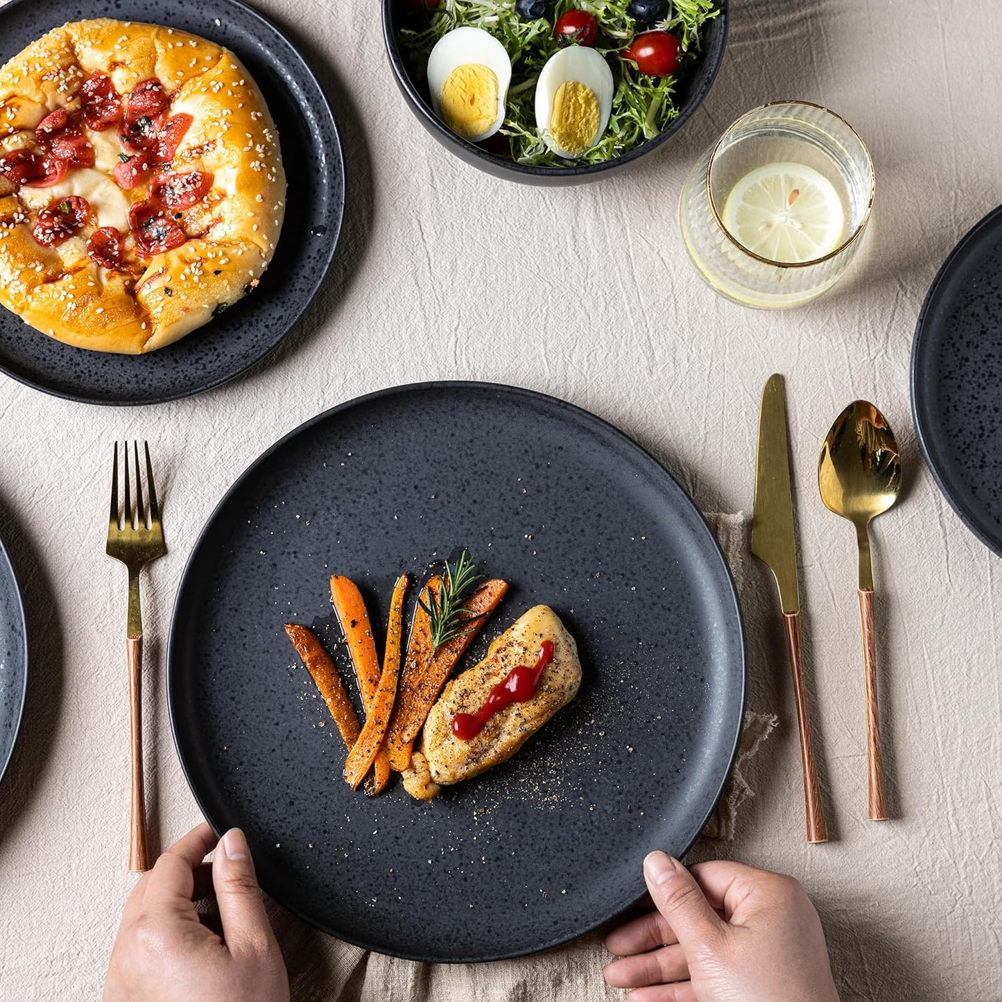 AmorArc Ceramic Dinner Salad Plates Set of 6, Wavy Rim 8.5 Inch Dish Set, The Dessert,Salad, Appetizer, Small Dinner etc Plate,Microwave, Dishwasher Safe, Scratch Resistant - Matte Speckled