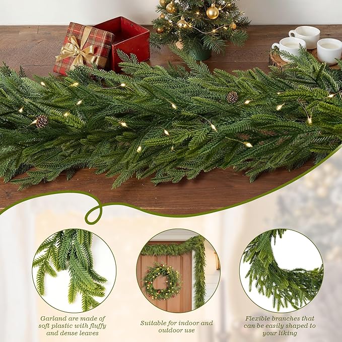9FT Christmas Garland Norfolk Pine Garland Real Touch Faux Greenery Cedar Garlands for Mantle,Table,Wall,Christmas Decorations Indoor Outdoor