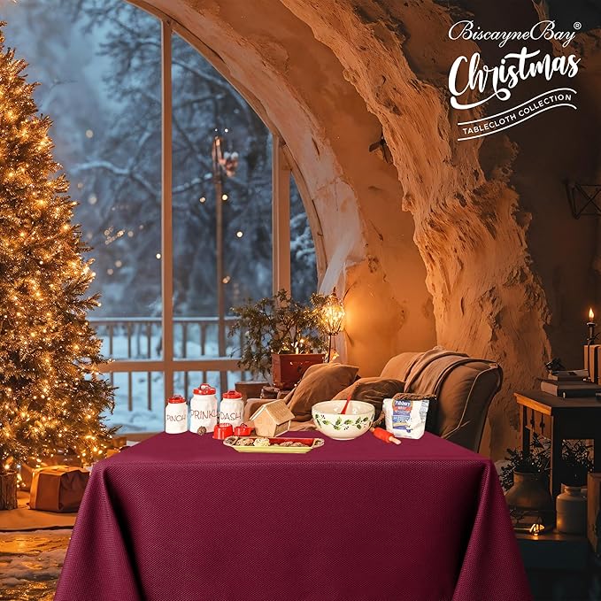 Biscaynebay Textured Fabric Christmas Square Table Cloth 90x90 Inch, Burgundy Water Resistant Tablecloths for Dining, Kitchen, Wedding, Parties etc. Machine Washable