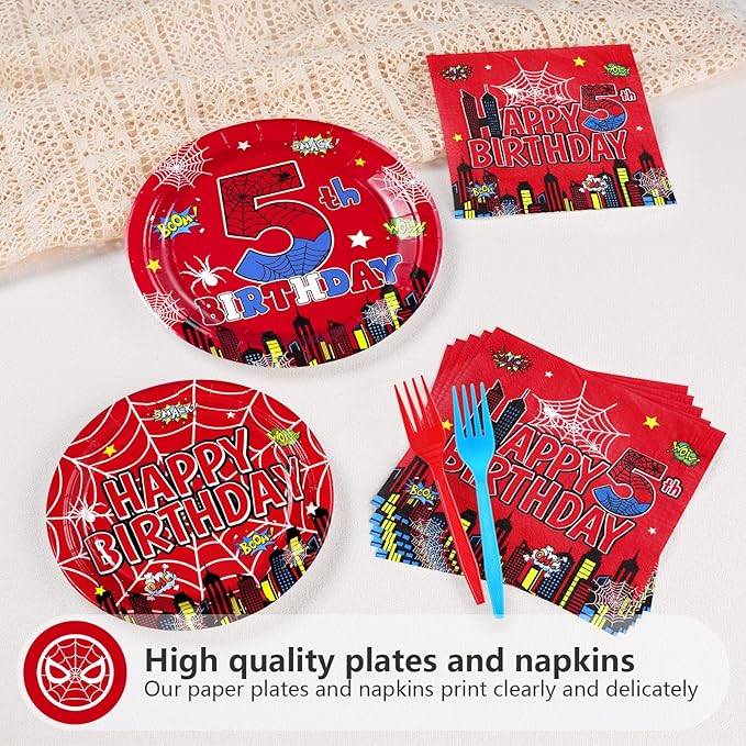 Grencian 96Pcs Cartoon Spider Birthday Party Decorations Red Blue Spider 5th Birthday Party Plates Disposable Super Theme Paper Tableware Set for Spider Kids 5 Year Old Supplies, Serves 24