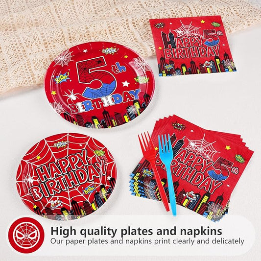 Grencian 96Pcs Cartoon Spider Birthday Party Decorations Red Blue Spider 5th Birthday Party Plates Disposable Super Theme Paper Tableware Set for Spider Kids 5 Year Old Supplies, Serves 24