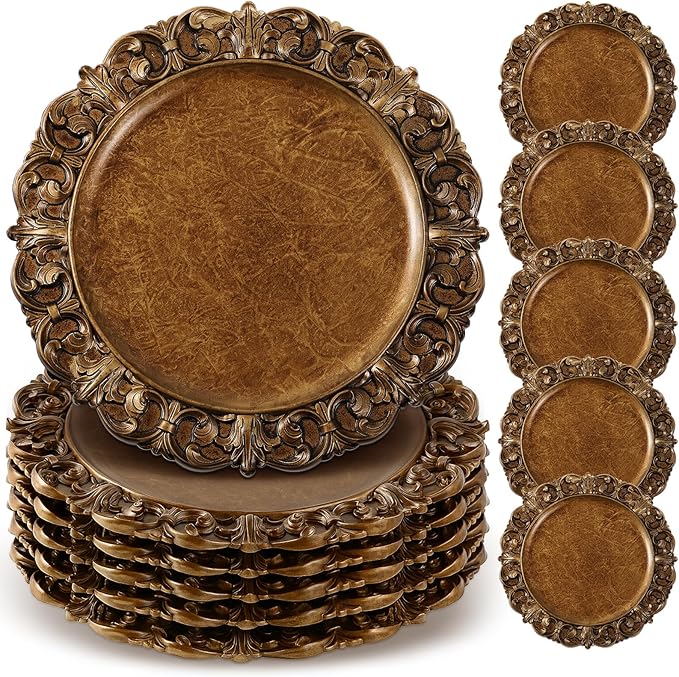 12 Pcs Antique Gold Charger Plates Bulk 13 Inch Embossed Rim Plastic Round Decorative Vintage Plates Charger for Dinner Wedding Party Event Table Setting Decoration (Vintage)