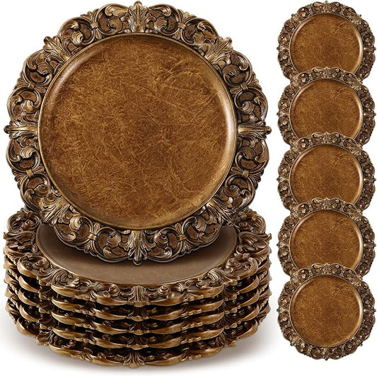 12 Pcs Antique Gold Charger Plates Bulk 13 Inch Embossed Rim Plastic Round Decorative Vintage Plates Charger for Dinner Wedding Party Event Table Setting Decoration (Vintage)