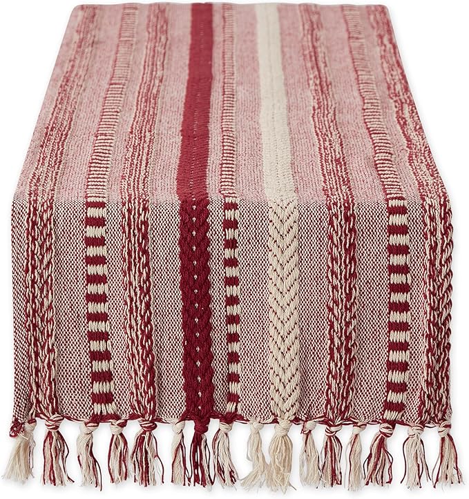 DII Farmhouse Braided Stripe Table Runner Collection, 15x108 (15x113, Fringe Included), Barn Red