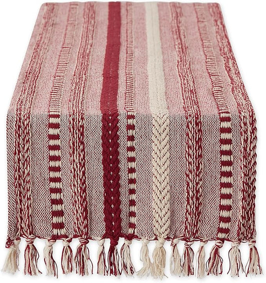 DII Farmhouse Braided Stripe Table Runner Collection, 15x72 (15x77, Fringe Included), Barn Red