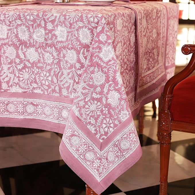 Labhanshi Indian Handblock Print Floral 100% Cotton Pre-Washed Canvas Rectangle Table Cloth|72x135 Inch 10-Seater Large Decorative Table Cover|Spring Easter Decor|Purple