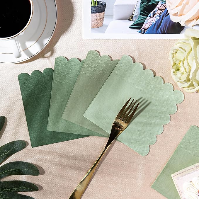 100 Pcs Green Cocktail Napkins Folded 5 x 5 Scalloped Napkins Gradient Color Beverage Napkins Disposable Dessert Napkins for Birthday Party Supplies Wedding