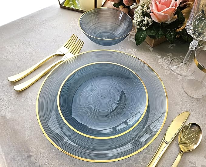 OCCASIONS 240 Blue Plates Pack (120 Guests), Disposable Plastic Dinner Plates Set for Wedding Party - 120x10" Dinner + 120x7" Dessert Plates, Belize in Blue & Gold