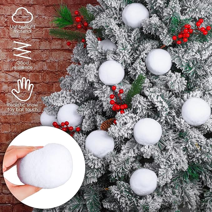 Elcoho 100 Pieces 2 Inch Artificial Snow Toy Ball Set with Bucket for Storage Kids Snow Fight Ball Realistic Snow White Plush Toss Ball for Kids Toss Game Winter Snow Fight Indoor Outdoor Xmas Decor