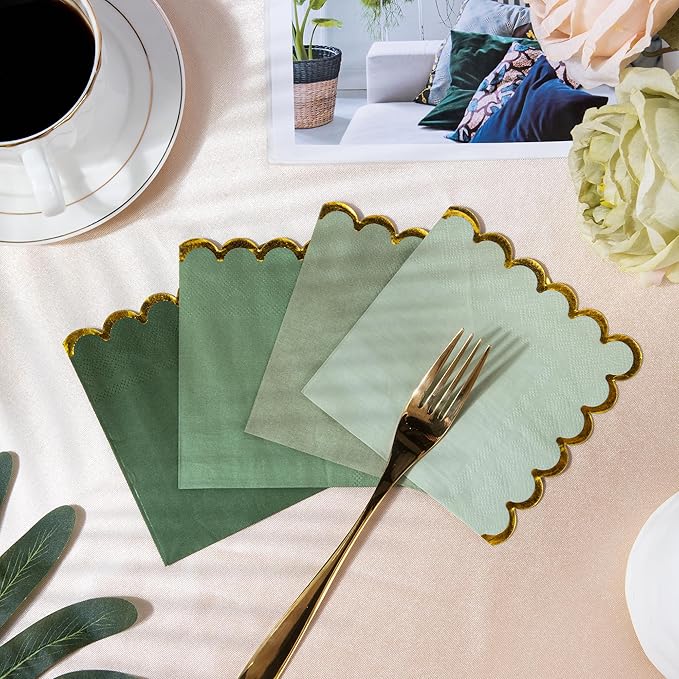 100 Pcs Green Cocktail Napkins with Gold Foil Scalloped Edges 5 x 5 Inch Dessert Napkins Disposable Thick Paper for Wedding Dinner Birthday Party