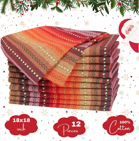 Homidate Cotton Cloth Dinner Napkins Set of 12 – 18x18 Salsa Red Multi Stripes – Reusable Machine Washable Fabric Napkins for Weddings, Events, Restaurants & Daily Dining
