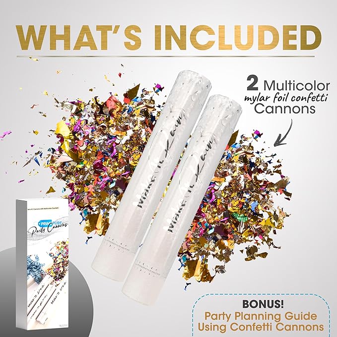 PrimePure Confetti Cannon Party Poppers - Metallic Foil Multicolor Confetti Poppers - 2 Pack - Party Cannon Glitter Bomb Sparkle Pop Gun for Birthday, Celebration, Graduation, Pranks
