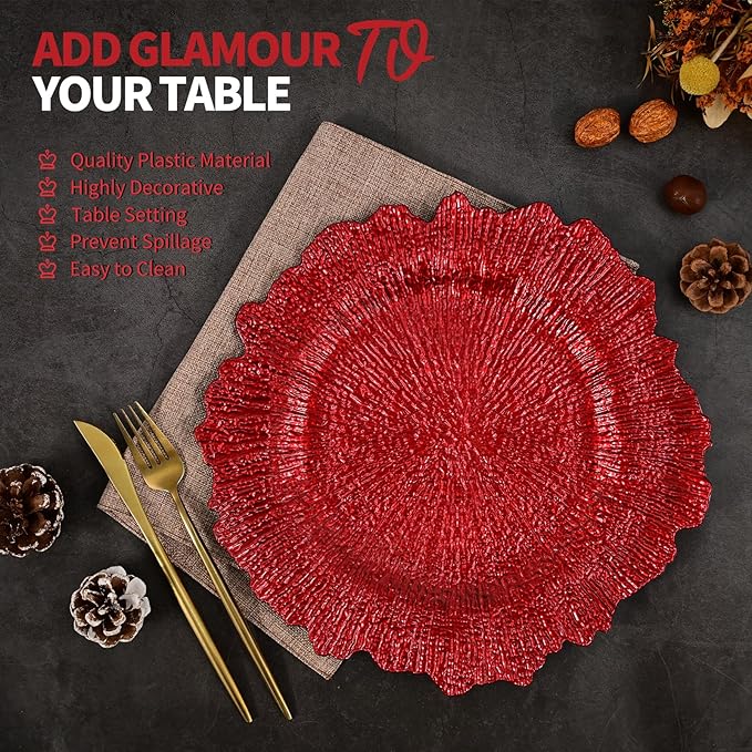Teruntrue 24 Pcs Red Charger Plates Bulk 13 Inch Plastic Charger Plates for Dinner Plate, Red Chargers for Table Setting, Reef Design Plate Floral Decorative Round Chargers for Wedding Party, Event