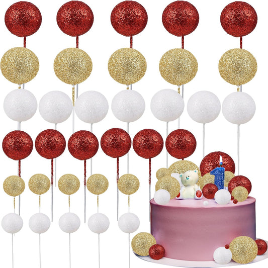 30Pcs Balls Cake Topper Glitter Foam Ball Cake Picks Faux Pearl Ball Shaped Cupcake Insert Cake Topper for Baby Shower Wedding Anniversary Birthday Graduation Party Decorations Gold White Red