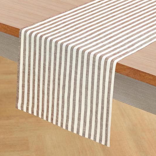 Solino Home Linen Table Runner 108 Inches Long - Amalfi Stripe, 100% Pure Linen Brown and Cream Farmhouse Table Runner 14 x 108 Inch for Dining, Fall, Autumn, Thanksgiving