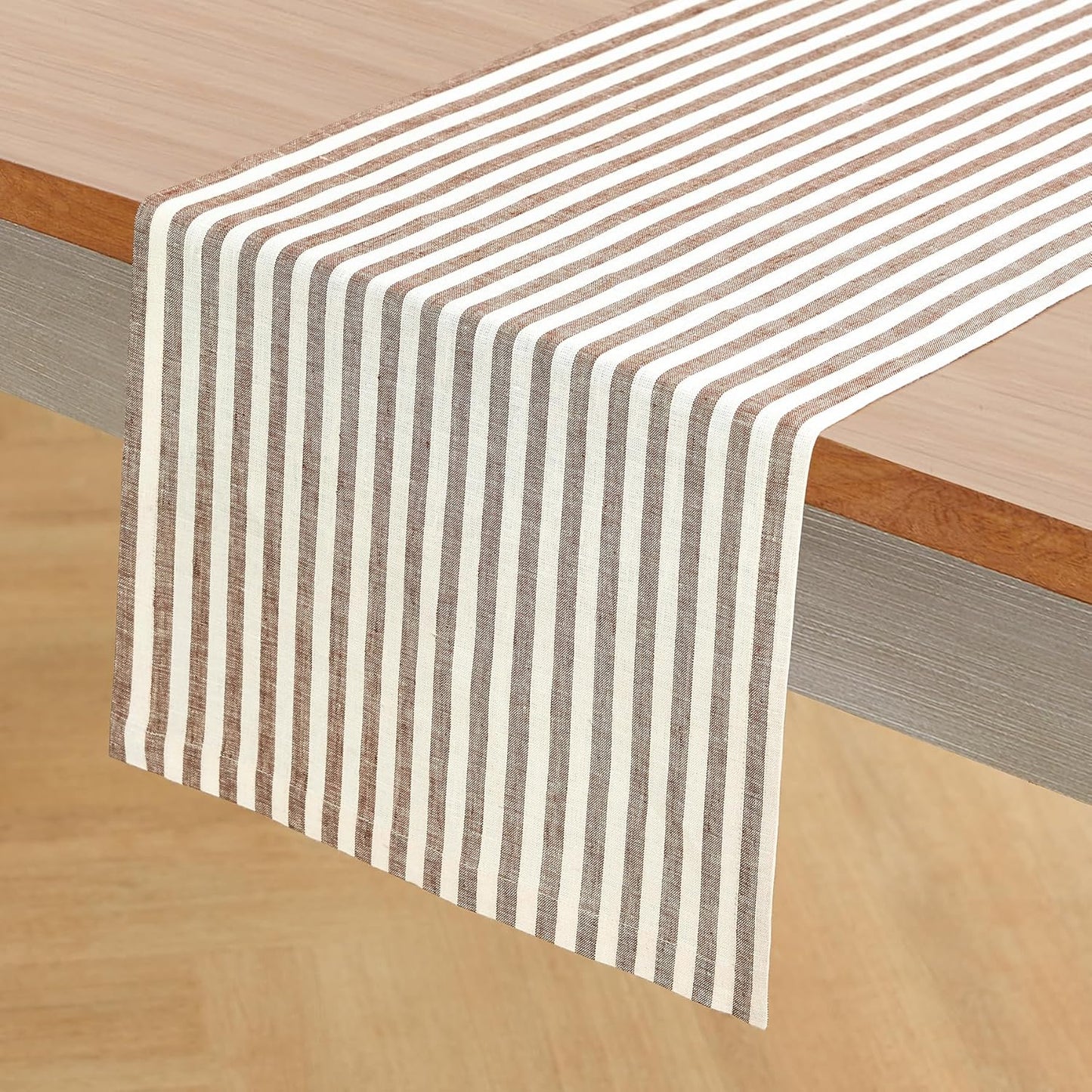 Solino Home Linen Table Runner 144 Inches Long - Amalfi Stripe, 100% Pure Linen Brown and Cream Farmhouse Table Runner 14 x 144 Inch for Dining, Fall, Autumn, Thanksgiving