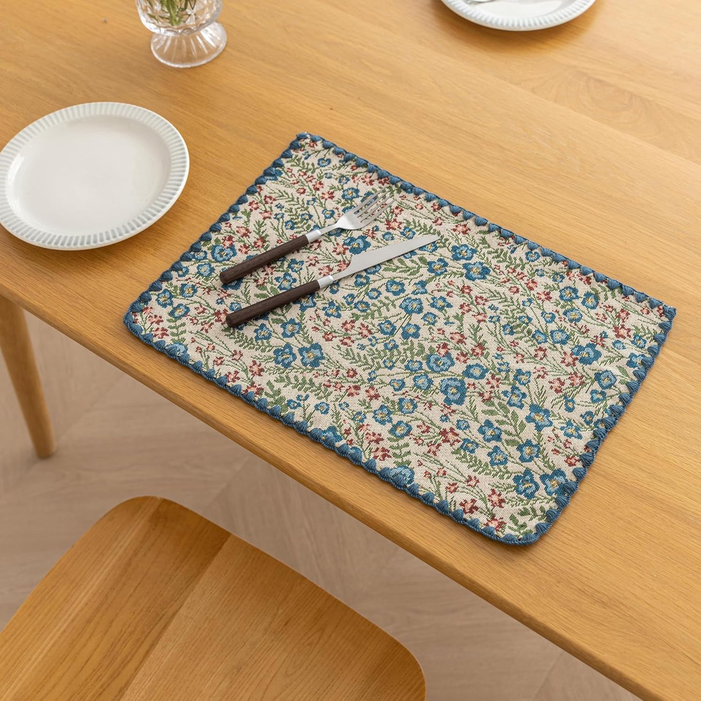 Boho Embroidery Table Runner Accessories Set of 6 Flower Fall Kitchen Dining Table Decoration for Home Party Decor 13x18inch