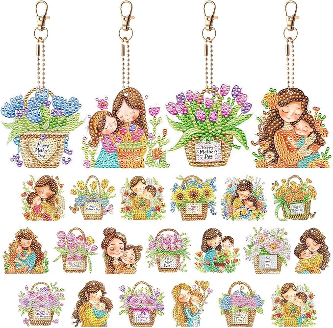 Huquary 24 Pcs Mother's Day Diamond Art Keychain Kits 5d DIY Diamond Art Mother's Day Crafts Pendant Ornaments for Mom Grandma Flower Basket Mom and Child Charms for Birthday Party Favors Decorations