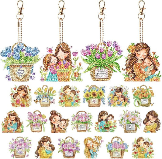 Huquary 24 Pcs Mother's Day Diamond Art Keychain Kits 5d DIY Diamond Art Mother's Day Crafts Pendant Ornaments for Mom Grandma Flower Basket Mom and Child Charms for Birthday Party Favors Decorations