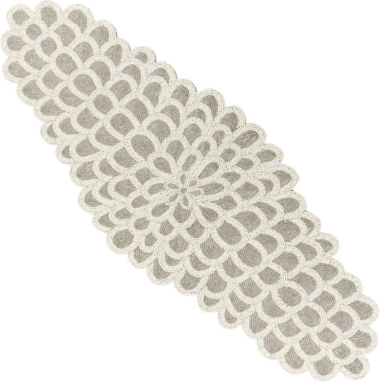 Beaded Table Runners 36 Inches, Hand Beaded Decorative Farmhouse Glitz Table Runner for Christmas Wedding Baby Shower Bridal Shower, Seasonal Winter Holiday Kitchen Dining Table Silver - CLEENTABLE
