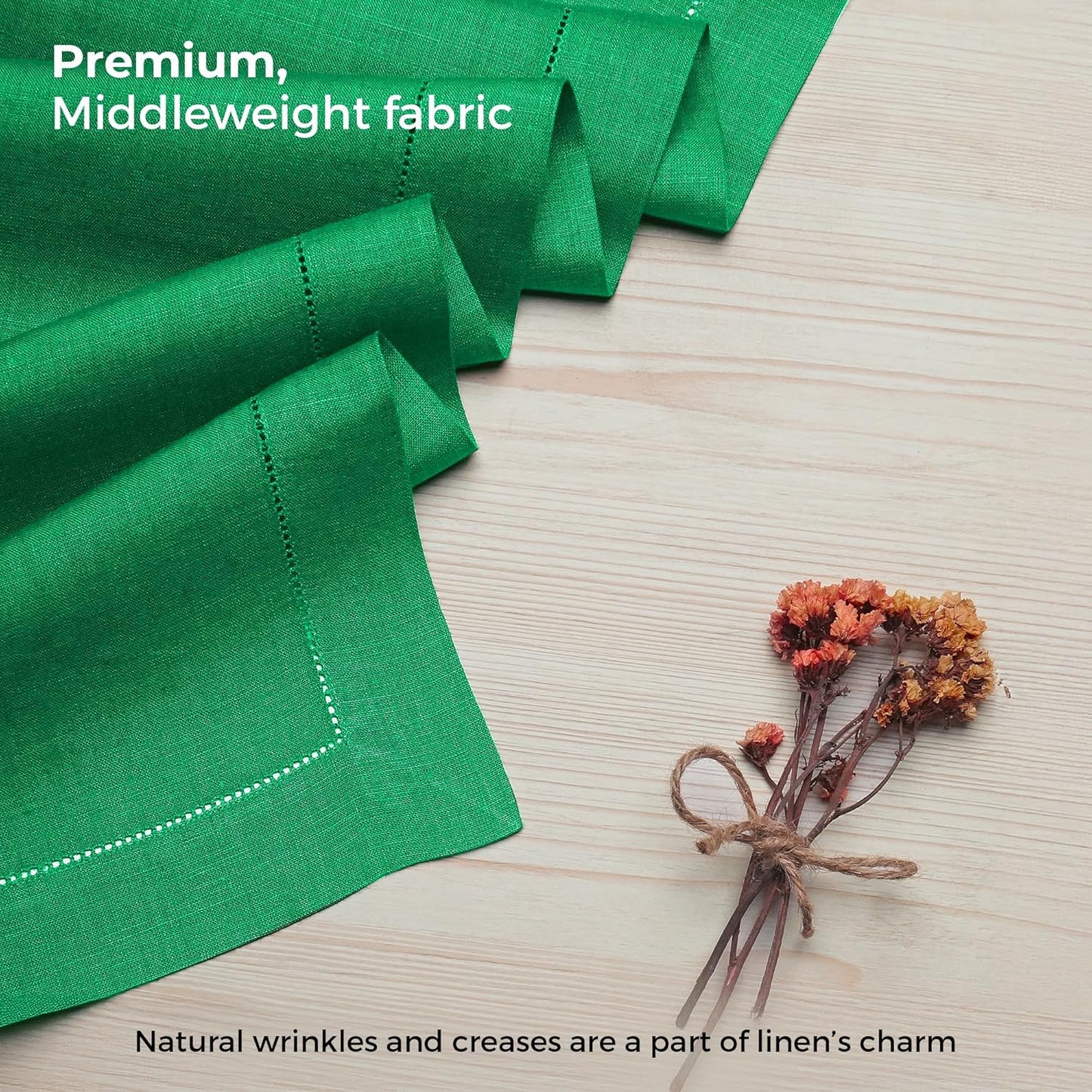 D'Moksha Homes Linen Kelly Green Table Runner 72 Inches Long - 100% Pure Linen Hemstitch Table Runner 14 x 72 Inch for Dresser, Dining, Fall, Autumn and Halloween - Classic Hemstitch