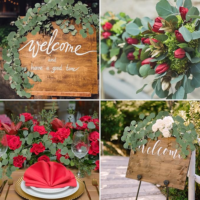 Sggvecsy 16Pcs Artificial Eucalyptus Garland Greenery Leaves Silk Vines Silver Dollar Leaves Faux Leaf Plants for Wedding Wall Table Party Home Fireplace Bedroom Decor