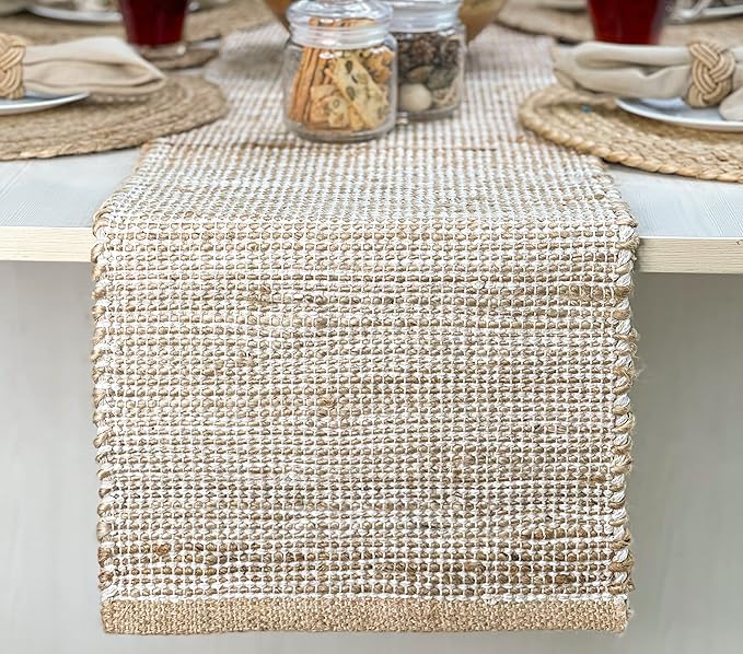 Chardin home Natural Jute Table Runner 13x72 Inch – Vintage Boho Rustic Table Decor – Handwoven Table Runner in Natural Jute and Ivory – Farmhouse Dining or Console Table Accent