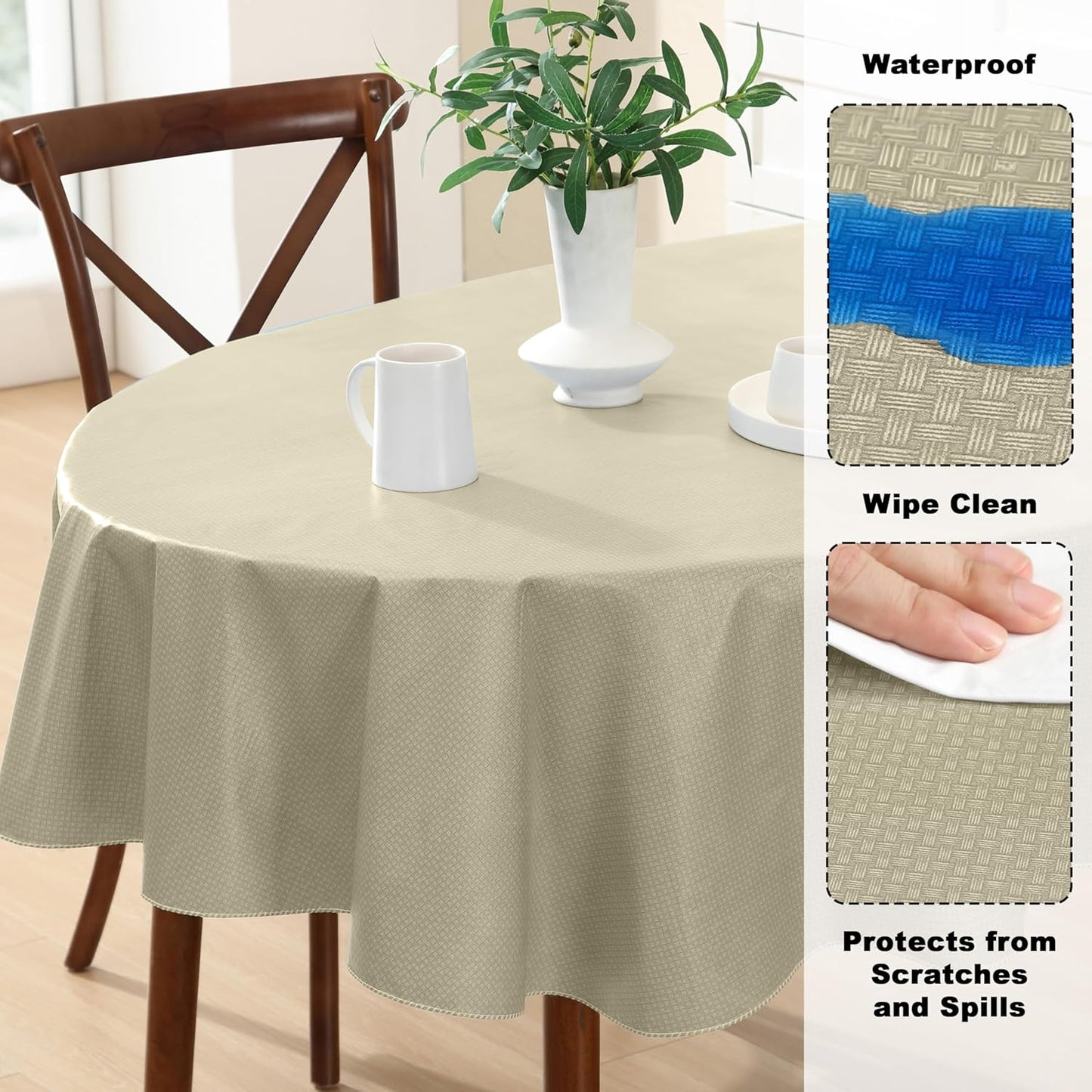 Newbridge Basketweave Vinyl Flannel Backed Tablecloth, 60 x 84 Inch Oval, Natural, Basket Weave Textured Indoor Outdoor Waterproof Table Cover for Patio, Kitchen, Dining