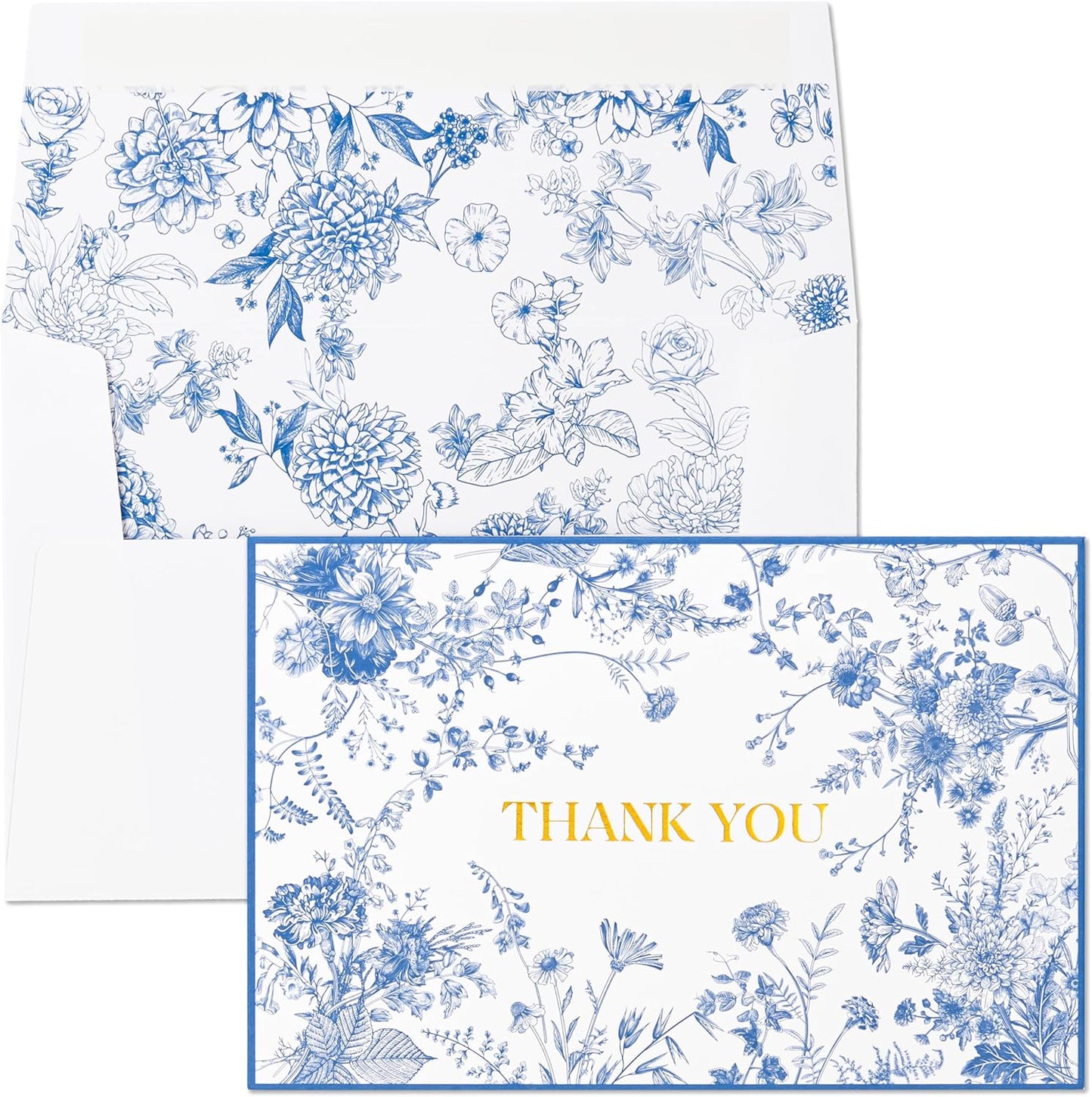 Crisky 100 Pack Blue Floral Thank you cards Gold Foil Greeting Notes Bulk with Envelopes & Stickers for Birthday, Baby Shower, Bridal Shower, Wedding, Graduation