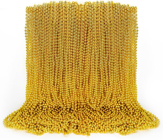100PCS Bead Necklace, Gold Mardi Gras Beads Party Stuff, 33" Mardi Gras Christmas Beads Toy Costume, Festival Parade Throw Accessories for Wedding Birthday Pirate Party Baby Shower Supplies Decor