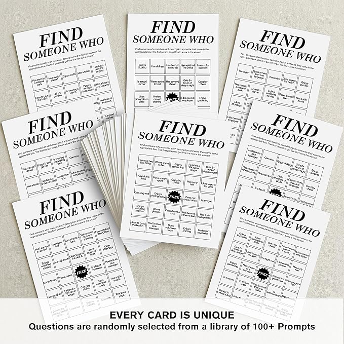 Sahjzk Office Bingo Cards, 25 Unique Randomized 5x7 Sheets, Get to Know You Bingo Game for Adults, Ice Breaker Office Party Games, Team Building Games for Work, High Replay Value - B004