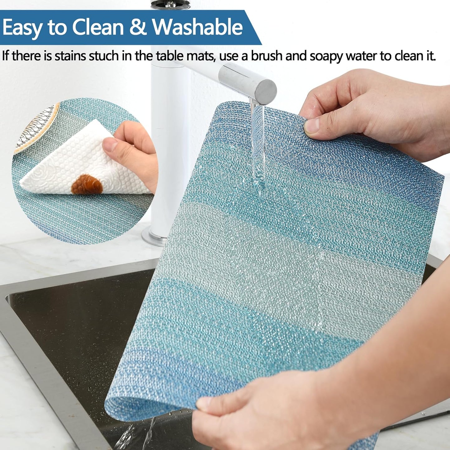 SLKQG Placemats Set of 6 - Easy Clean Washable Vinyl Placemats - Wipeable Heat Resistant Table Mats for Dining Table - 17.7x11.8 Inch (6, Blue Gradient)