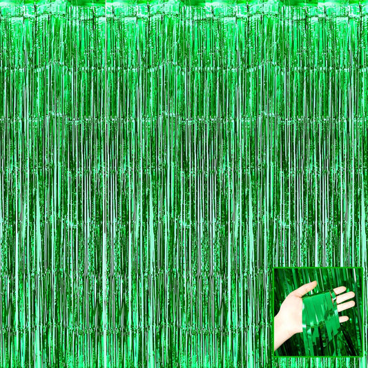 4 Pack Green Foil Fringe Curtain Backdrop, 3.28Ft x 6.56Ft Metallic Tinsel Foil Fringe Streamers Curtains for Photo Booth, Wedding, Thanksgiving, Birthday, Christmas, Halloween Party Decoration