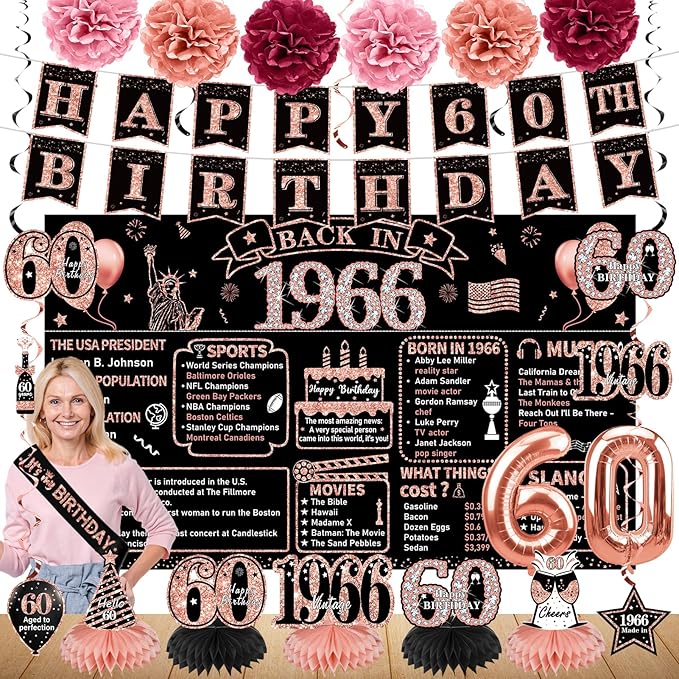 Zirtorei 60th Birthday Decorations for Women, 21pcs the Year 1966 Banner Balloon Party Supplies, Rose Gold 60 Year Old Birthday Backdrop, 60 Bday Honeycomb Centerpiece Hanging Swirls Sash Gifts