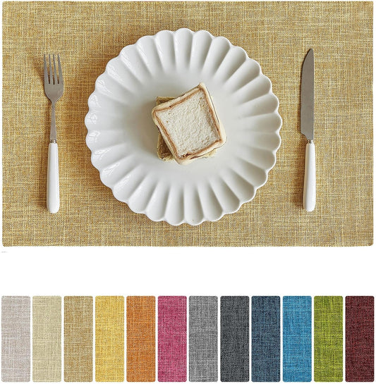 Softalker Faux Linen Placemats Set of 12-12 x 18 Inch, Heat Resistant Double Layered Durable Burlap Farmhouse Place Mats, Non-Slip Washable Rustic Table Mats for Dining, Kitchen, Party（Khaki