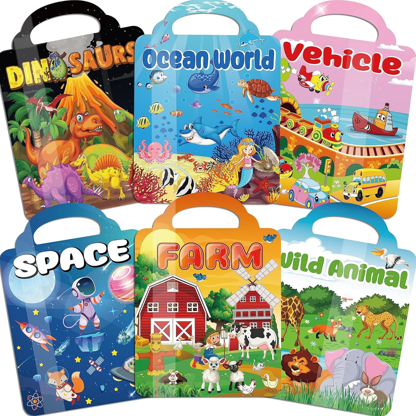 6Set Puffy Sticker Books for Kids, 3D Reusable Stickers Books for Toddlers 3-5,Farm+Animal+Dinosaurs+Ocean World+Space+Vehicle