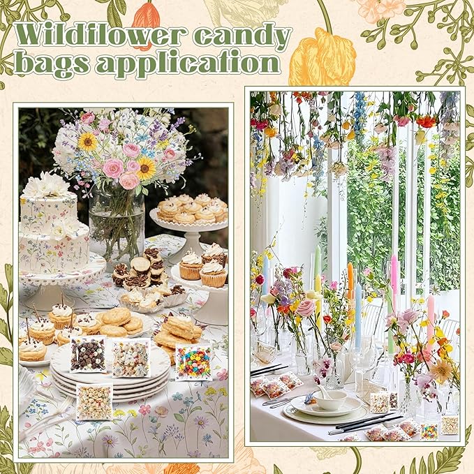 Tinlade 200 Pcs Wildflower Party Cellophane Treat Bags Floral Candy Decorations Plastic Clear Goody Bags for Wedding Birthday Graduation Party Supplies