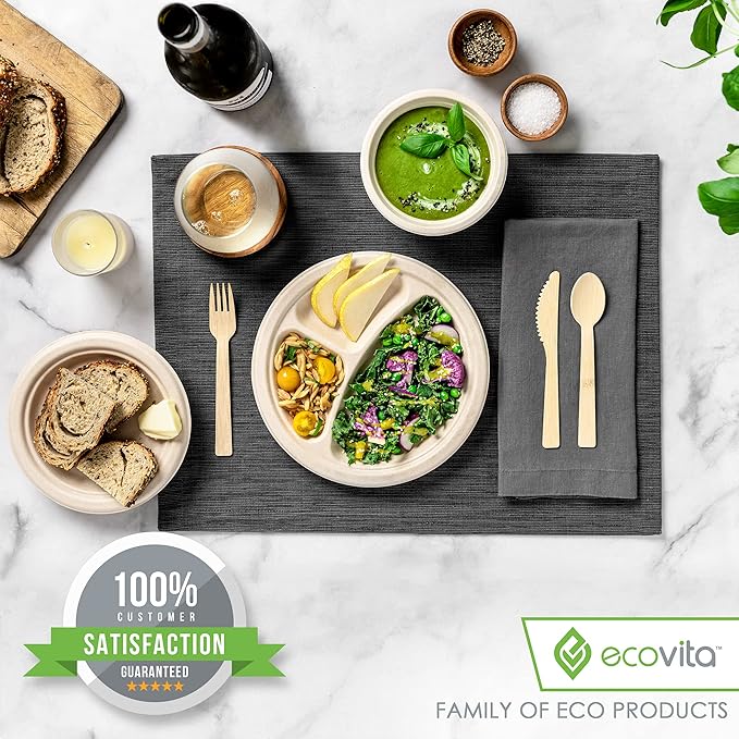 Ecovita 100% Compostable Paper Plates [9 in.] COMPARTMENTS – 150 Disposable Plates Eco Friendly Sturdy Tree Free Liquid and Heat Resistant Alternative to Plastic or Paper Plates