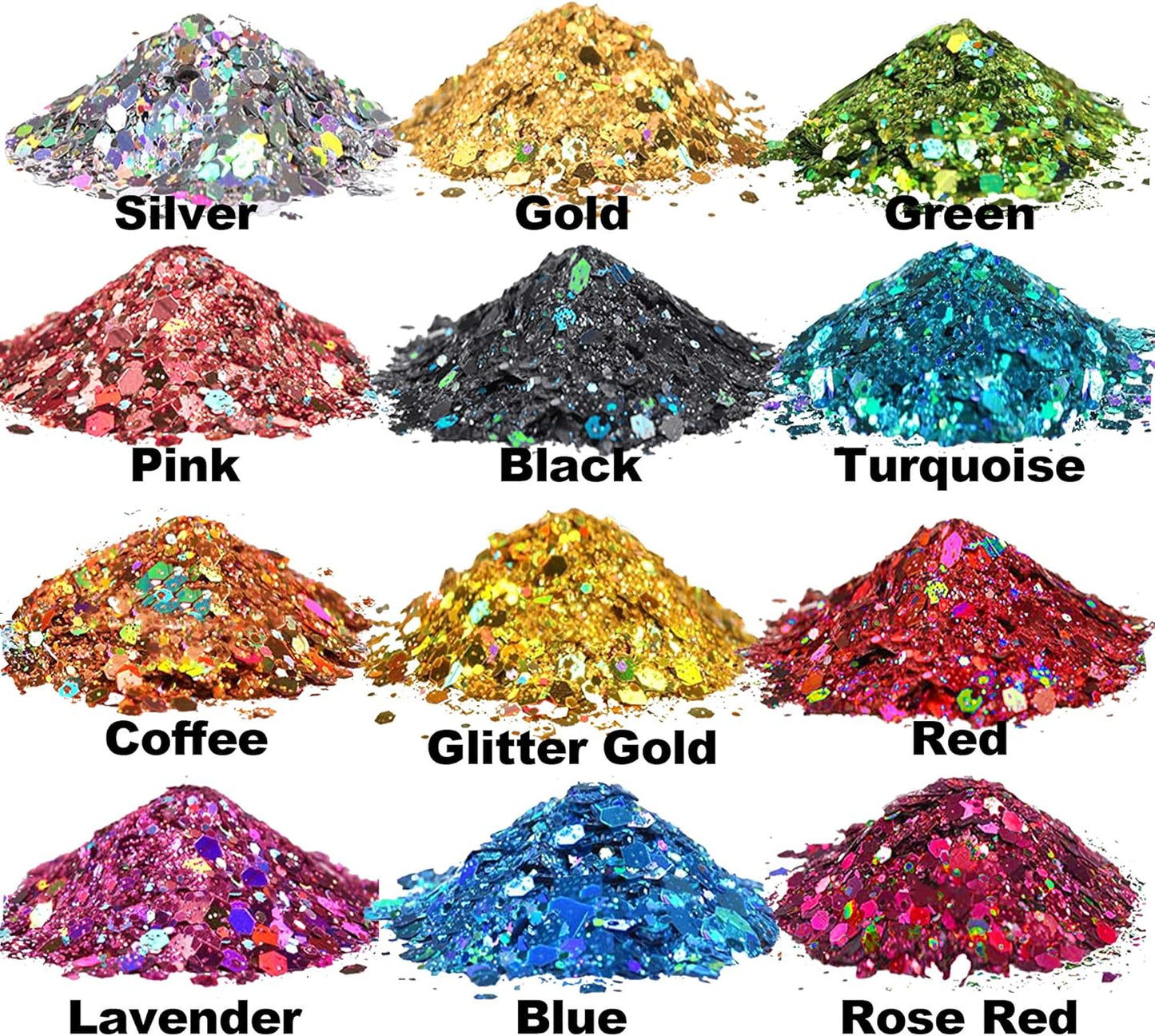 HEMOER Holographic Chunky Glitter, 12 Colors Sparkle Sequins, Mix Exclusive Polyester Glitter Set for Epoxy Resin, Tumblers,Crafts, Makeup, Festival Party Decoration - 0.42oz Each Bottle